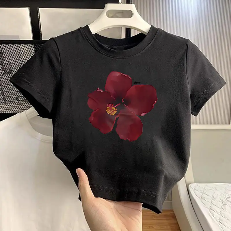 YIYOYI  O151 Baju Pendek Wanita Crop Top Ketat Putih Polos Wanita Flower Print Style Baju Basic Crop Top Kaos Atasan Cewek Tee Hitam Motif Katun 2