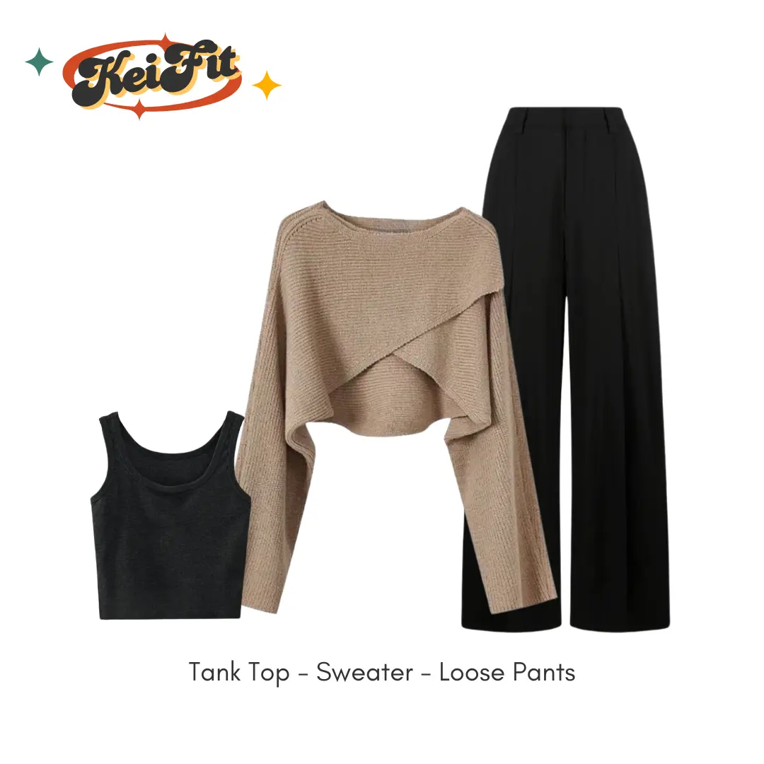 Setelan 3in1 Airi Wanita Kekinian ala Korea (Tank Top, Sweater rajut Panjang Silang Korea, Celana Loose Pants) import casual outfit stelan oversize one set rumahan korean style