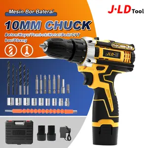 JLD Mesin Bor Baterai 15VF 10mm 2-Speed dengan 2 Baterai Promo Torsi 35N M Speed 0-350/min Lampu LED Kerja Dukungan Pengeboran Sekrup Beton Kayu Drywall