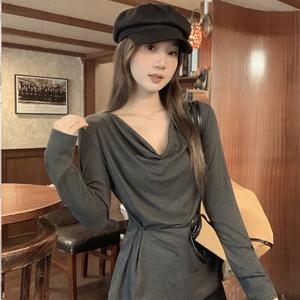 Casual Ruched Shoulder One-Shoulder Loose Fit Long Sleeve T-Sh irt, New Korean Style Fall Women's Top, Fashionable and Comfortable 3328# Womenswear Basic Cowl Fitted Minimalist