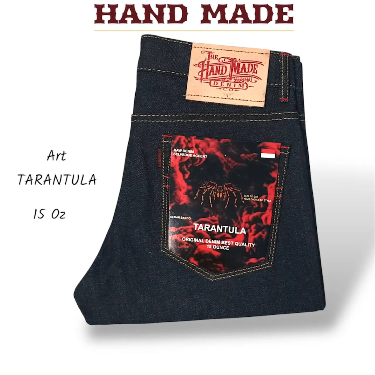 HAND MADE - Art TARANTULA Raw Denim 15oz Kaku, Selvedge Accent Original Celana Panjang Pria slim Fit