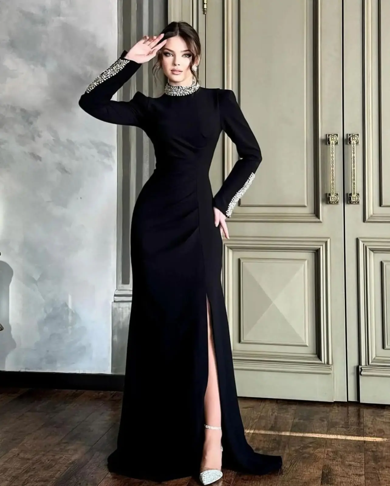 LooWear Luxury Long Dress Sleeve Slit High Neck