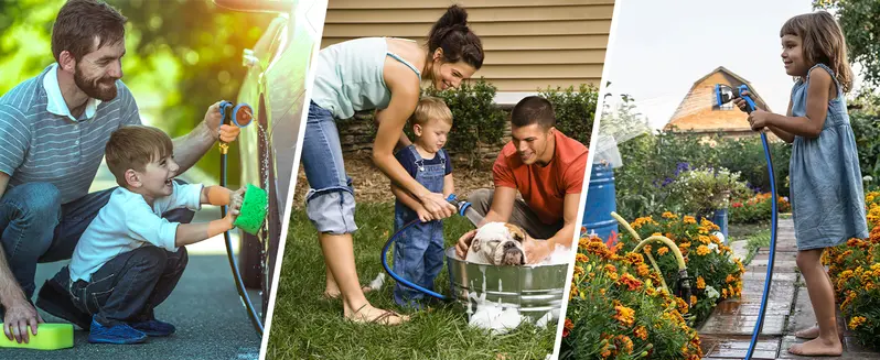 Product Introduction of Retractable Hose Reel. Garden Water Hose with 10-Function Sprayer Nozzle. Length Lock. Auto Rewind. 180° Rotate. (5/8" x 82 FT)/(1/2" x 125 FT). Yard Cleaning. Plant Watering. Car Washing and Lawncare 2