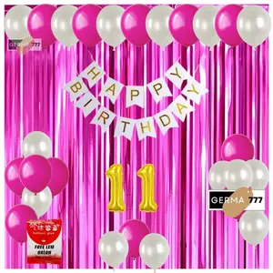 Set Dekorasi Acara Pesta Balon Ulang Tahun Anak Backdrop Happy Birthday Putih Tirai Warna Pink Tua