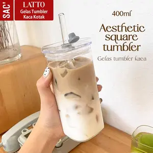 LATTO Gelas Kaca Estetik Minum Kopi Susu Jus Aesthetic Glass Coffee Milk Bening + Sedotan Kaca