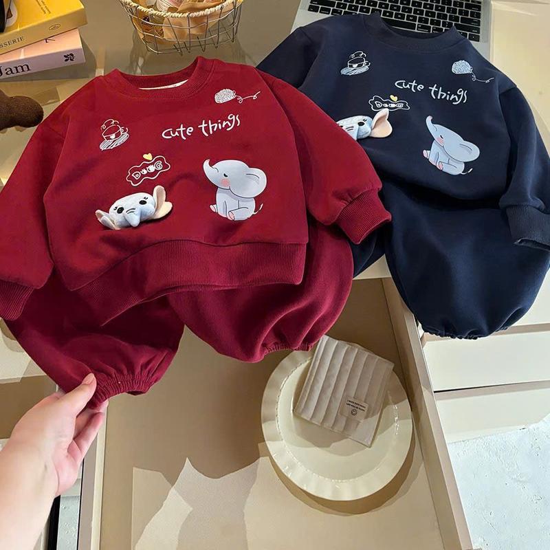 Bộ quần áo nỉ bông VOI CON dễ thương dài tay mặc thu đông cho bé 8-18kg