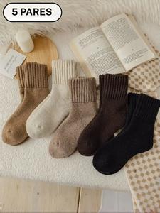 5 pares de calcetines para mujer de color sólido, gruesos y con forro térmico para el invierno, Calcetines para la nieve y para mantenerse calientes