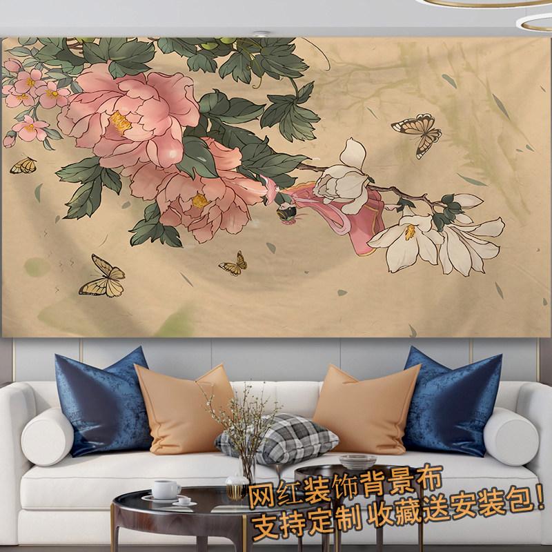 Lukisan peoni bunga nasional bergaya Tionghoa untuk dekorasi ruang tamu, kantor, dan penyewaan rumah, kain latar dinding, karpet gantung untuk live streaming populer