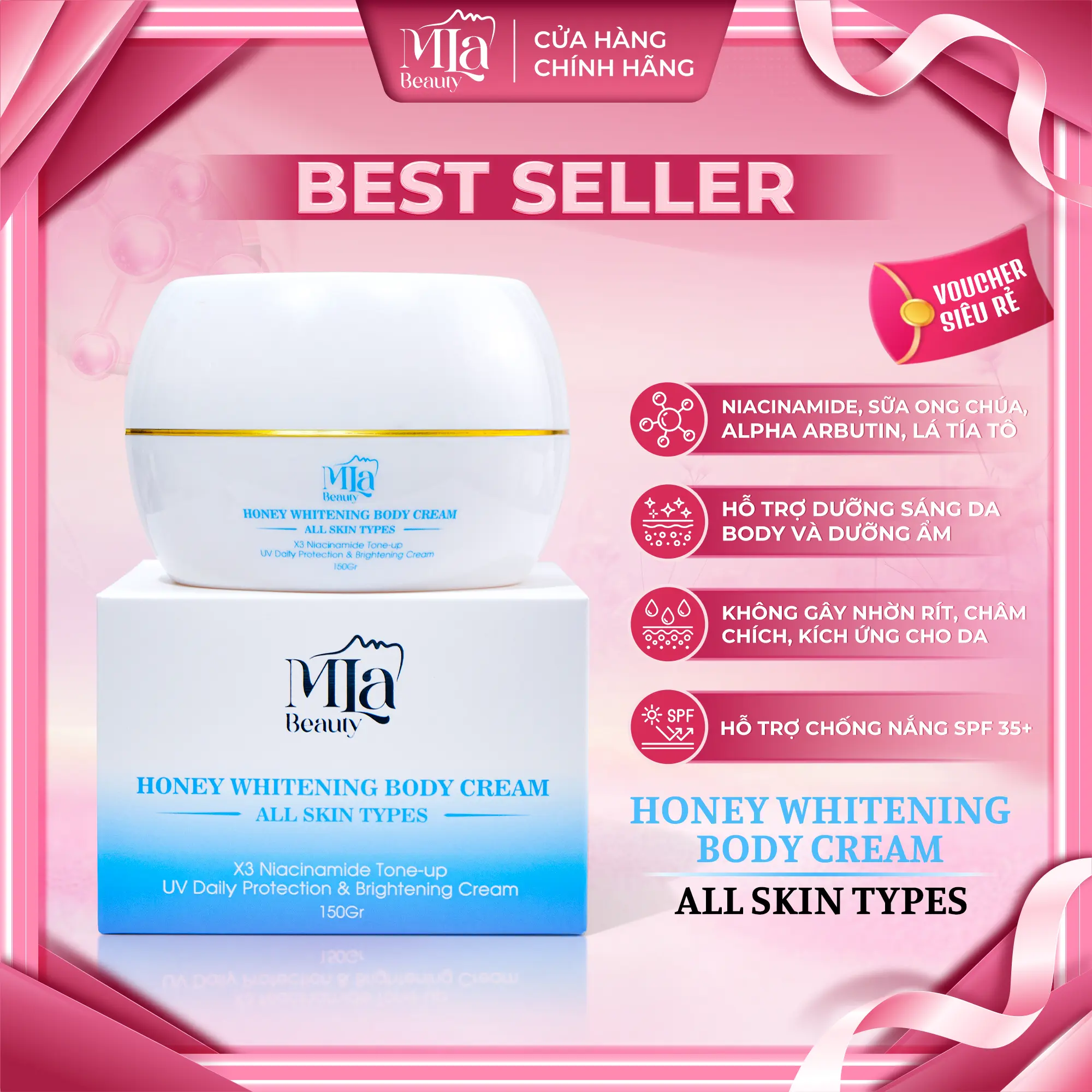 Kem Hỗ Trợ Dưỡng Sáng Da Body Honey Whitening Với Chiết Xuất Sữa Ong Chúa & Niacinamide Giúp Da Rạng Rỡ - MLA