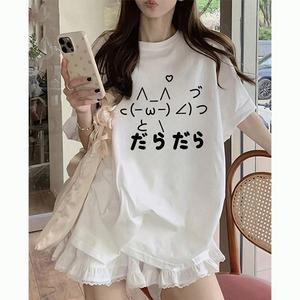 レディース半袖Tシャツ、トレンド子猫プリントクルーネック、ゆったり、コットンカジュアルトップス、クルーネック、ゆったりシルエット、レディースサマープリントTシャツ