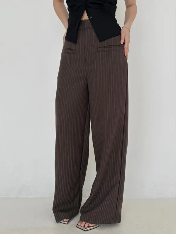[Poshy] Kimberly Loose Stripe Pants Highwaist Semiwool Pockets Celana Panjang Wanita Premium Straight Trouser Celana Garis 1