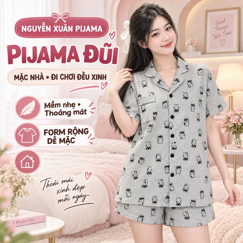Đồ Ngủ Pijama Chất Đũi Mây Êm Ái Họa Tiết Dễ Thương Cute Mặc Nhà Đi Chơi Đều…