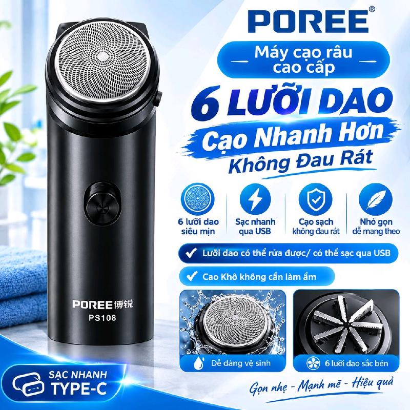 Máy Cạo Râu Poree 108 Cạo Khô Không Rát, Cạo nhanh