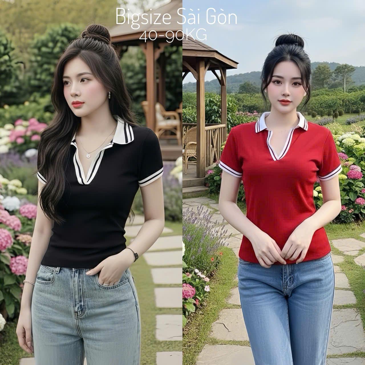 Thời Trang Bigsize Áo Thun Polo Cổ V Vải Thun Tăm Bigsize Từ 45 - 90Kg Dễ Thương Top Nữ Women - B.1507