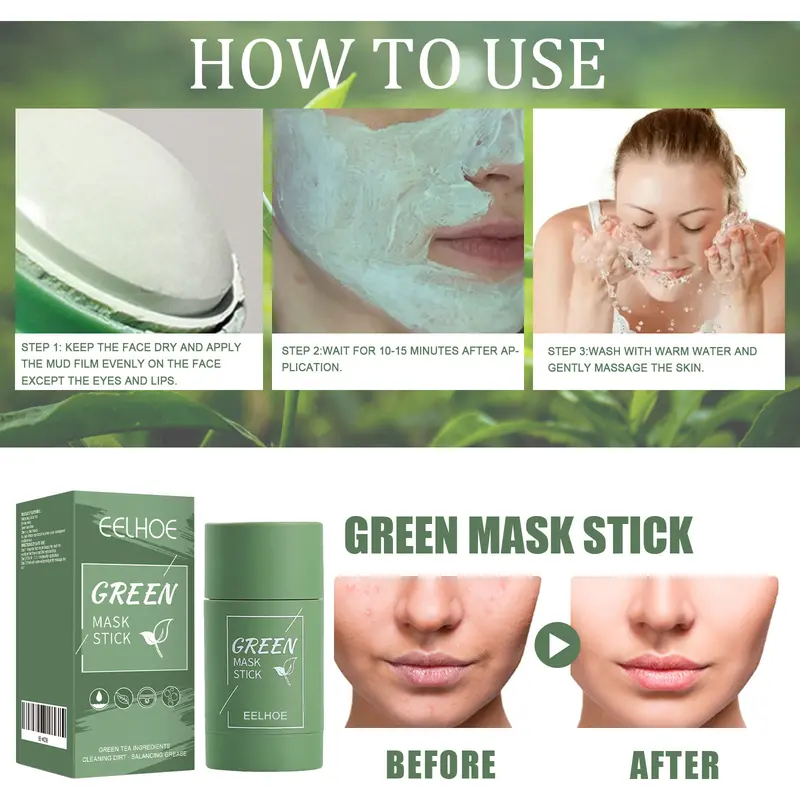 EELHOE Green Tea Solid Mask Deep Cleansing Hydrating Moisturizing Clay Mask Facial Skin Care Peel Face Mud Mask Stick 4