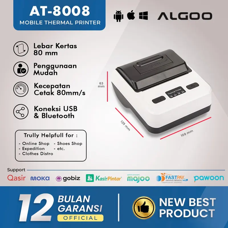 ALGOO AT 8008 Printer Thermal Struk Nota Bluetooth Dengan Baterai 5
