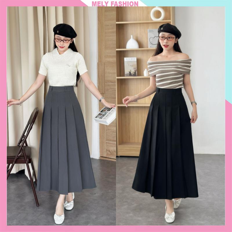 Chân váy xếp ly dài 85cm xòe chữ A Mely Fashion cạp cao chiết ly che bụng tôn dáng có bigsize màu đen ghi xám CV76