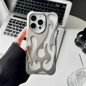New 3D Flame pattern Hollow Slim Phone Case for iPhone 17 16 15 14 13 12 11 Pro Max 16E 15 14 16 Plus 17 Air Shockproof Cover - Matte Silivery For iPhone 15 Plus