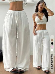 Pantalones de lino boho para mujer, verano, diseño casual con cordón, cintura natural, disponibles en varios colores, perfectos para vacaciones en la playa y fiestas