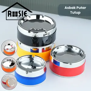 ROSIE Homeliving Asbak Putar Tutup Portable Rotation Enclosed Stainless Steel PVC Tahan Air Dilengkapi Dalam Bentuk Bulat Kecil Sedang Besar Berbagai Warna