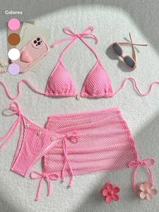 Conjunto de tres piezas Bikini liso para mujer, Top de baño casual con amarre en la espalda & Parte de abajo de baño con amarre lateral & Cubierta de red de pesca para vacaciones en la playa, Bikini con troncos