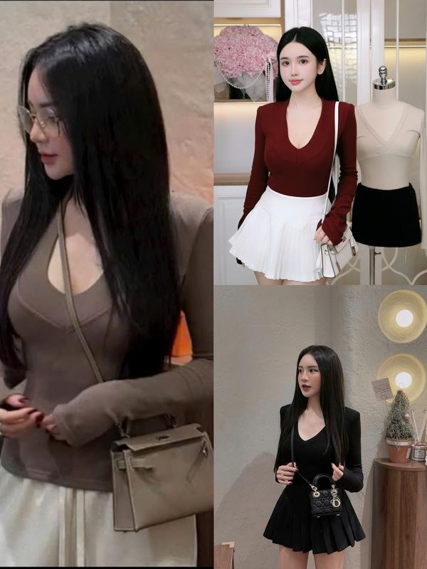   LÓT LÔNG  Áo Cổ V Bản To Có Độn Cầu Vai Lót Lông Dài Tay Dành Cho Nữ Chinchin Studio B40 