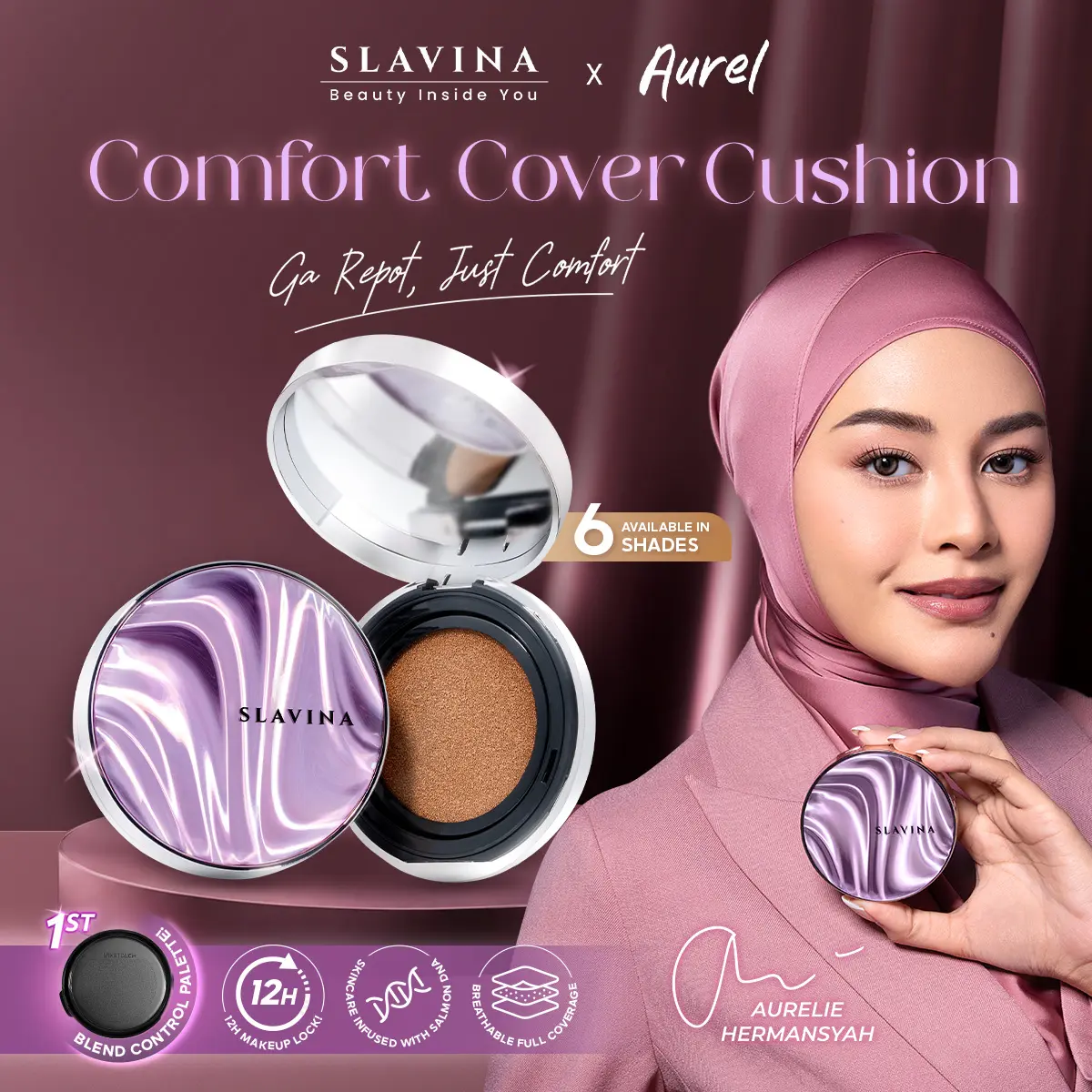 [Special Creator] SLAVINA Comfort Cover Cushion x Aurel - Cushion High Coverage Natural Matte Finish Ringan Tahan Lama 12 Jam 6 Shade