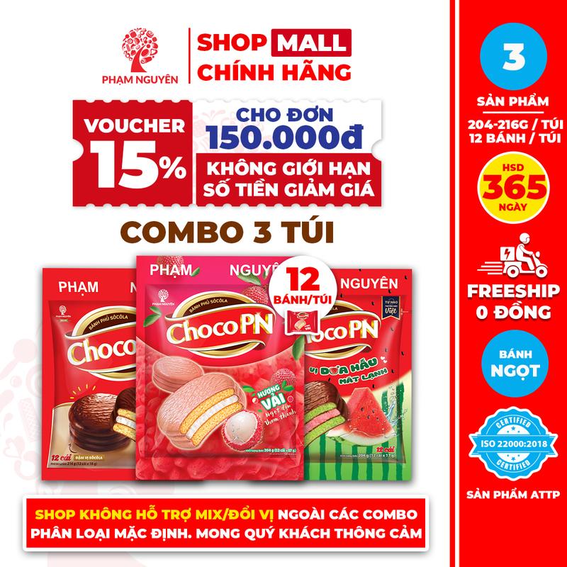 [VOUCHER 15% CHO ĐƠN 150K] Combo 3 Túi Bánh phủ socola Choco PN Phạm Nguyên - Thương Hiệu Việt 216g