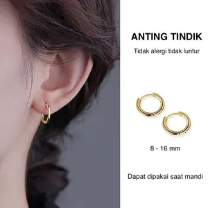 1 Pasang Anting Tindik Titanium Model Hopp Silver/Gold/Black – Bulat Unisex, Cocok Pria & Wanita, Modis Trendy