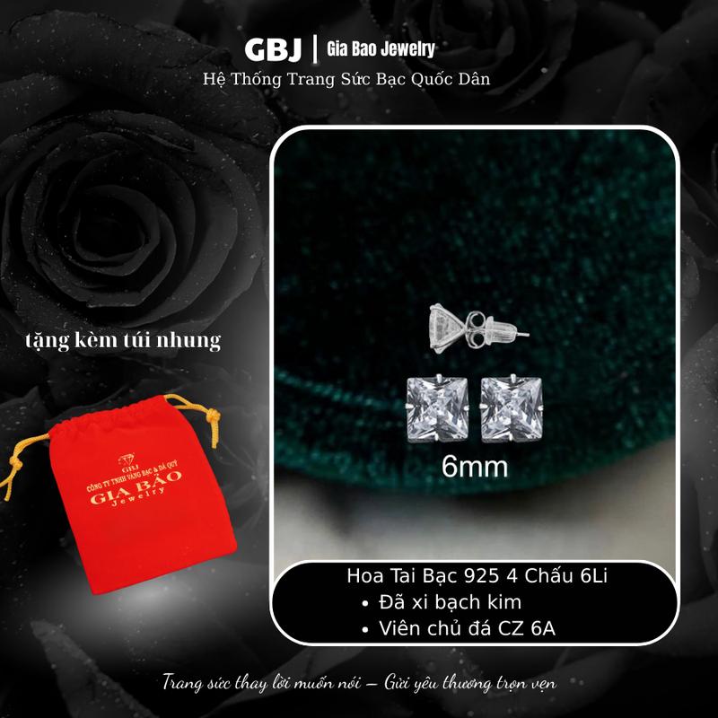 [1 ĐÔI] Hoa Tai Bạc Vuông 6Li (6mm) (chốt đẩy) XI KIM Đơn Giản Phong Cách Unisex GBJ446