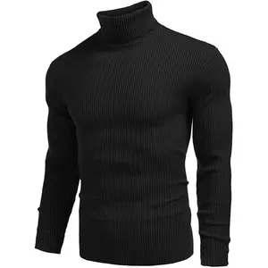 Turtleneck Pria Bahan Rib Knit Lembut / Kaos Rib Leher Tinggi Pria Polos Katun Panjang Kerah Knitwear  Tebal Hitam Sweater Baju Sweatshirt