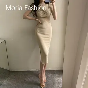 Moria QZ070 Velvet Bodycon Dress  Korean Midi Dress Short Sleeves Women Dress Midi Lengan Pendek Korean Long dress / Gaun terusan panjang / Dress Bodycon Elegan Harper sabrina bodycon dress Maxi Dress Long Dress Bodycon Pesta Kondangan One Shoulder