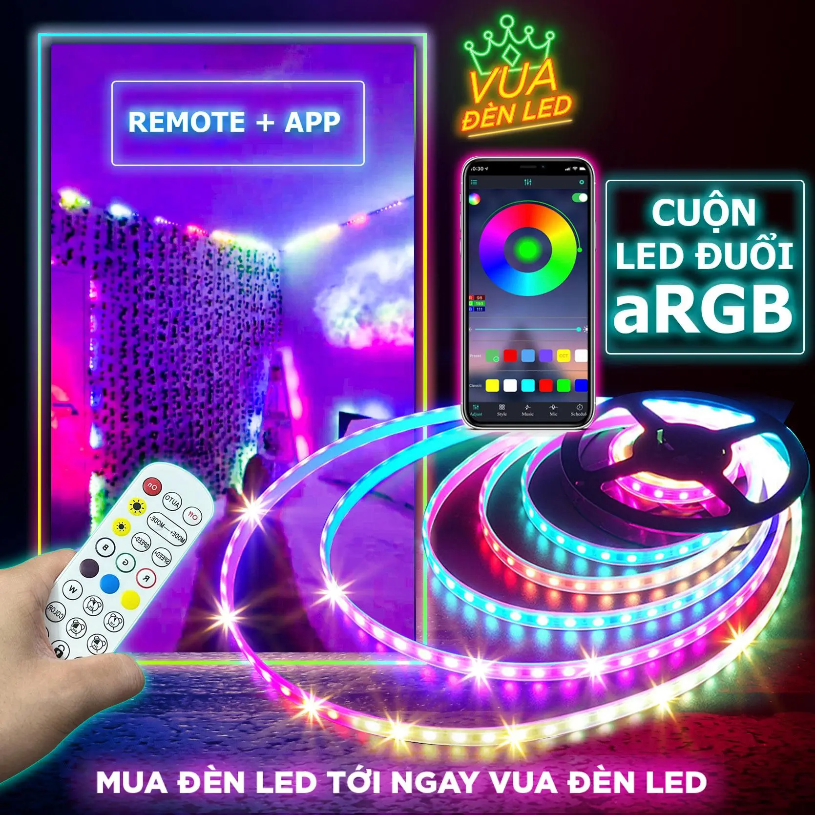 Dây đèn led đuổi aRGB 2M 5M 16 triệu màu 2026, cảm biến âm thanh trực tiếp, điều khiển bằng điện thoại, chống nước IP65 cao cấp