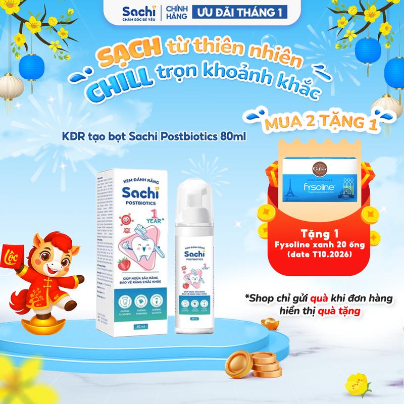  Kem đánh răng Sachi Postbiotics 80ml dạng bọt hỗ trợ làm sạch trắng răng ngừa sâu răng khử mùi hôi miệng cho bé 