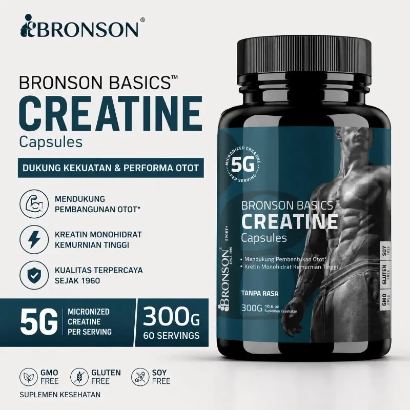 Bronson Creatine Monohydrate Suplemen Kebugaran dan Kesehatan Otot 60 Kapsul untuk Persediaan Satu Bulan Non-GMO Bebas Gluten