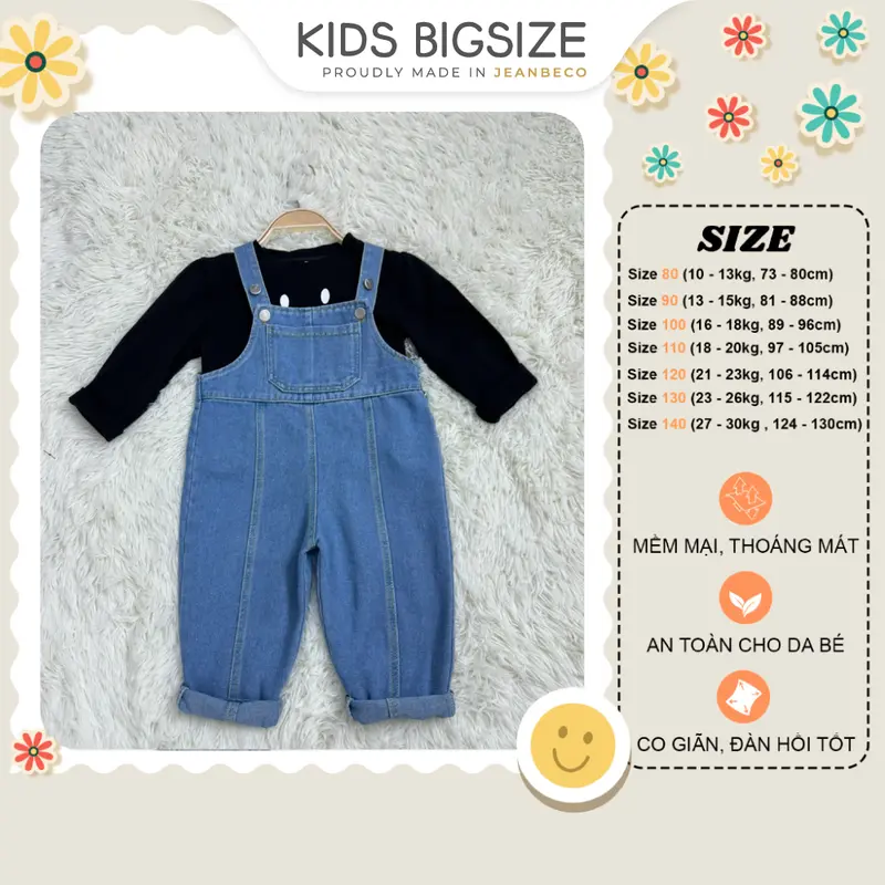 Quần yếm jeans hai dây KIDS BIGSIZE, yếm jean dáng dài cho bé gái bé trai màu xanh phối viền line form rộng QYD010 1