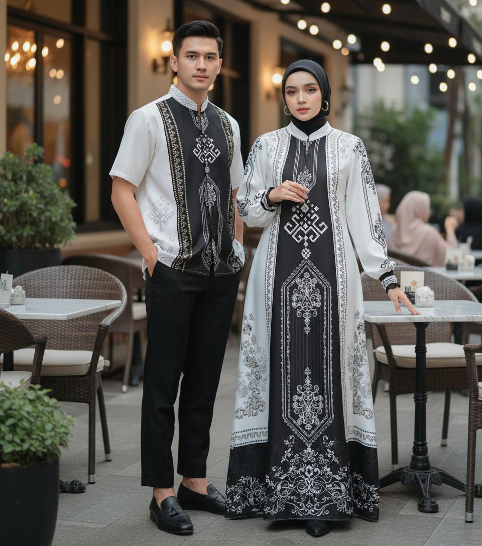 Baju Couple Lebaran Sultan 2026 Motif Printing Eksklusif Sarimbit Keluarga Pasangan Muslim