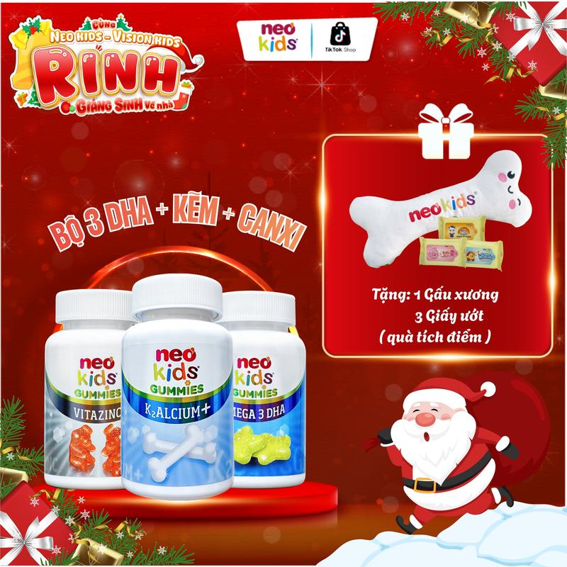  Combo 3 hộp Viên nhai Canxi Kẽm hữu cơ và Omega 3 DHA Neo Kids bổ sung đầy đủ các loại vitamin giúp con phát triển toàn diện về chiều cao đề kháng ăn ngon hấp thu tốt thông minh cho bé 