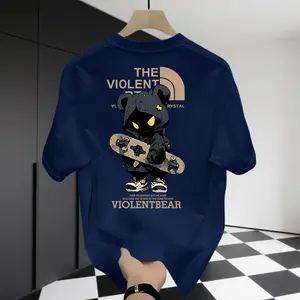 Kaus Lengan Pendek Motif Beruang Skateboard Merek Trendi Vintage Pria Ukuran Besar Pakaian Pria Plus Hip-hop Atasan Longgar Unisex