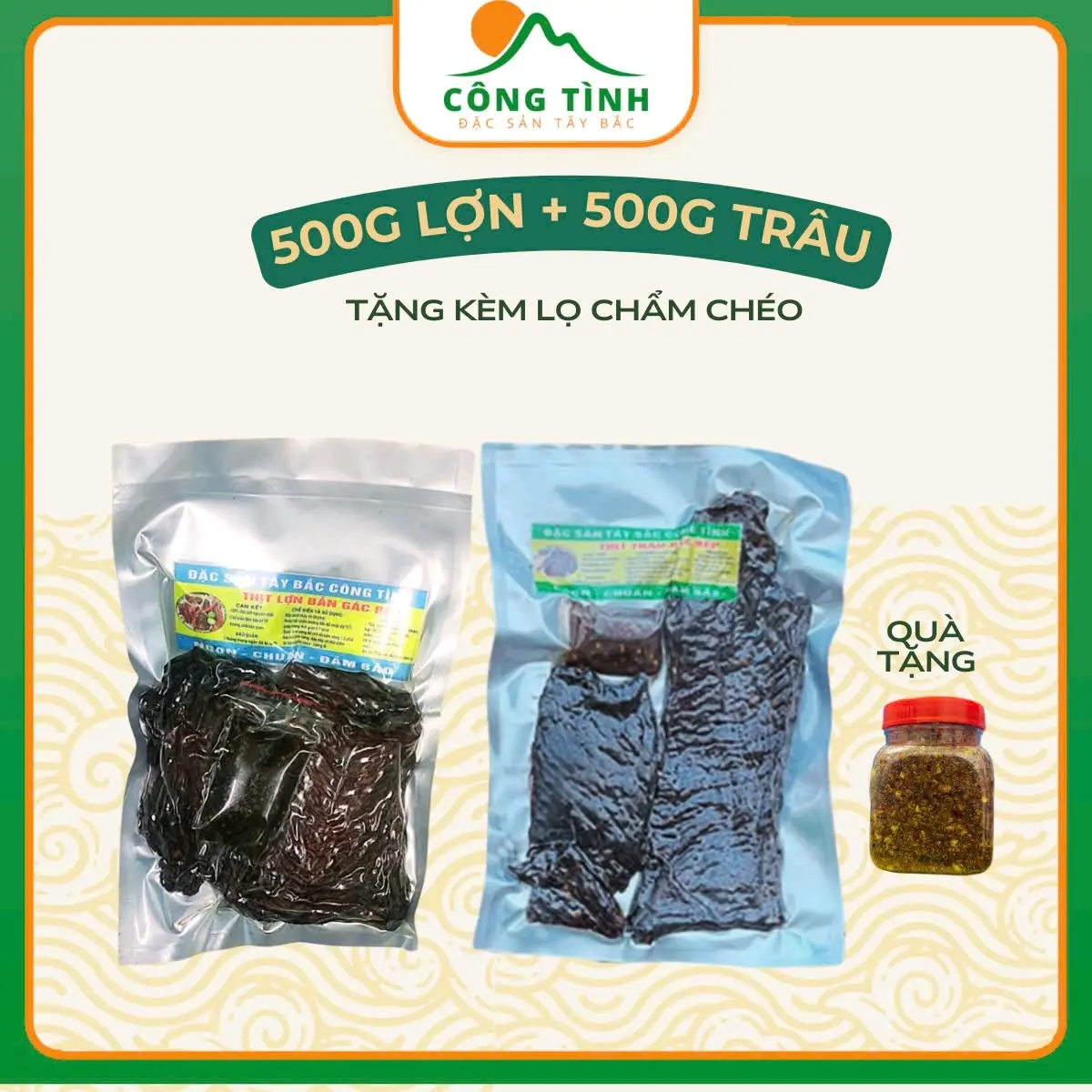 Combo (500g Trâu + 500g Lợn) Sấy Khô.Chuẩn Vị Tây Bắc. Kèm lọ chẩm chéo. Food, Ăn Vặt