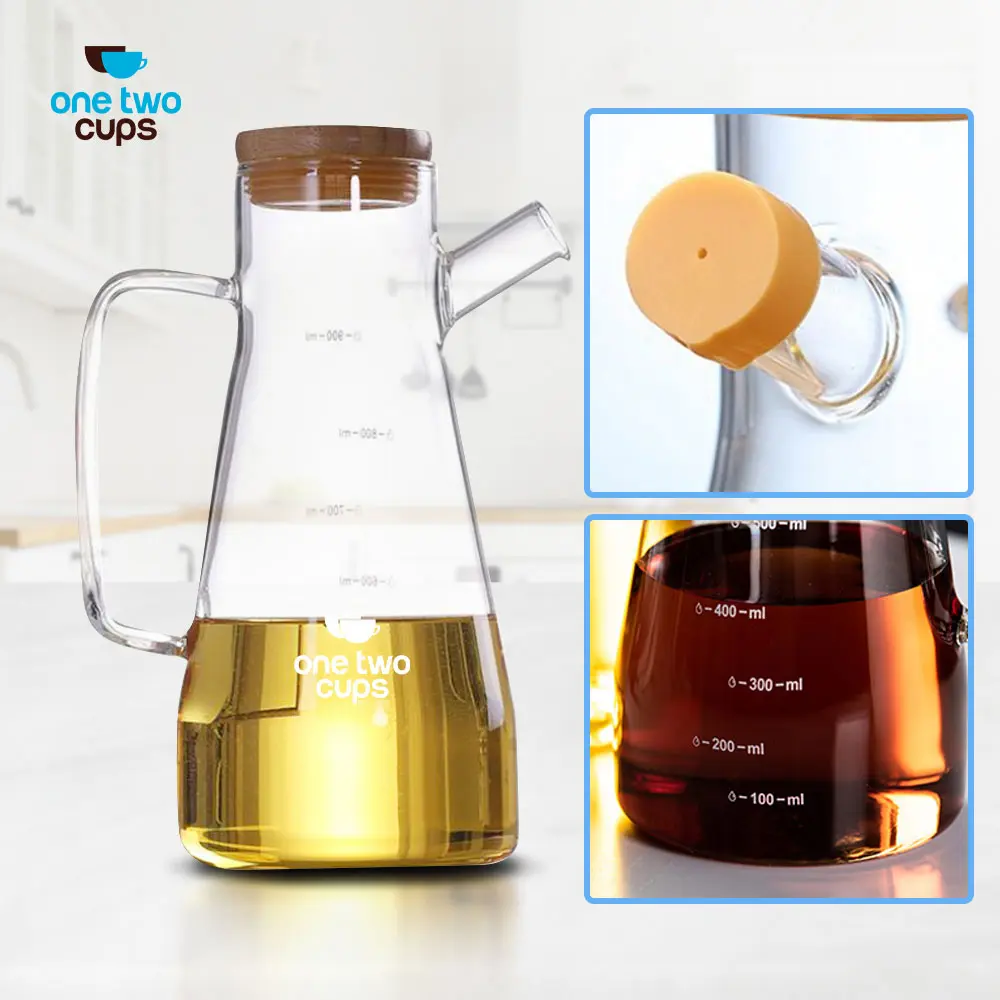 COD One Two Cups Botol Minyak Borosilicate Glass Oil Pot 900ml - S2079 Terlaris Dapur Kayu Wadah Kaca