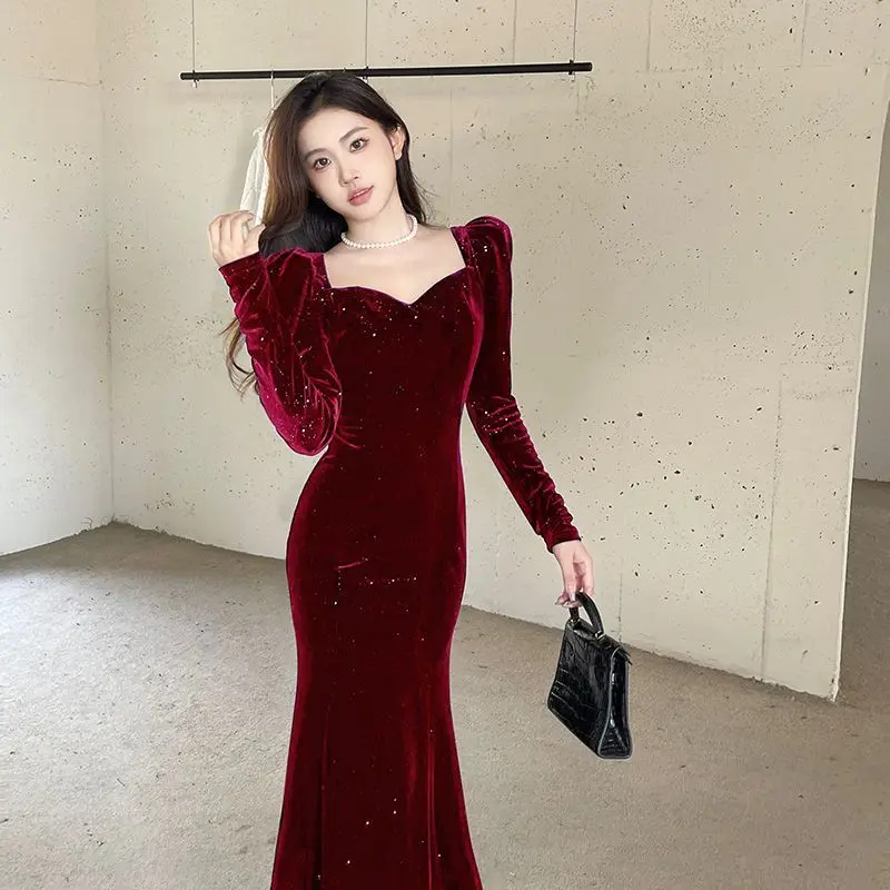 Pakaian Krismas Tahun Baru, Pakaian Kolar Persegi Baldu Merah, Pakaian Ekor Ikan Elegan, Untuk Wanita, Beyouare Dress