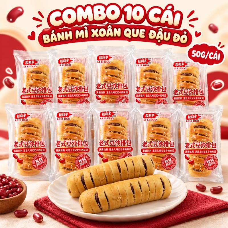 Combo 10 Cái Bánh Mì Xoắn Que Đậu Đỏ 50g/Cái – Bánh Mềm Xốp, Thơm Ngon, Tiện Lợi Ăn Sáng & Ăn Vặt
