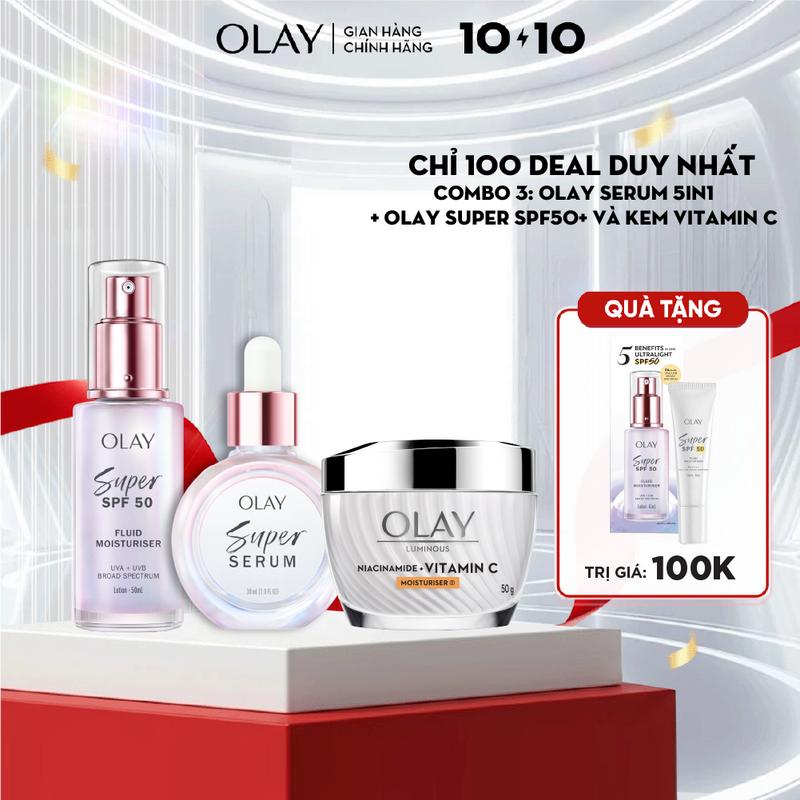 [LIVE 1] Combo OLAY Serum 5in1 + Olay Super SPF50+ Và Kem VITAMIN C – Hỗ Trợ Sáng Da, Giảm Mụn, Mờ Thâm, Tái Tạo Da