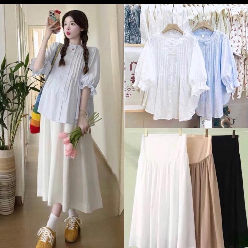 Áo bầu-chân Vay bầu Chất linen mềm mịn Bầu có thể mặc cả mùa hè và mùa thu đông C8 set quần