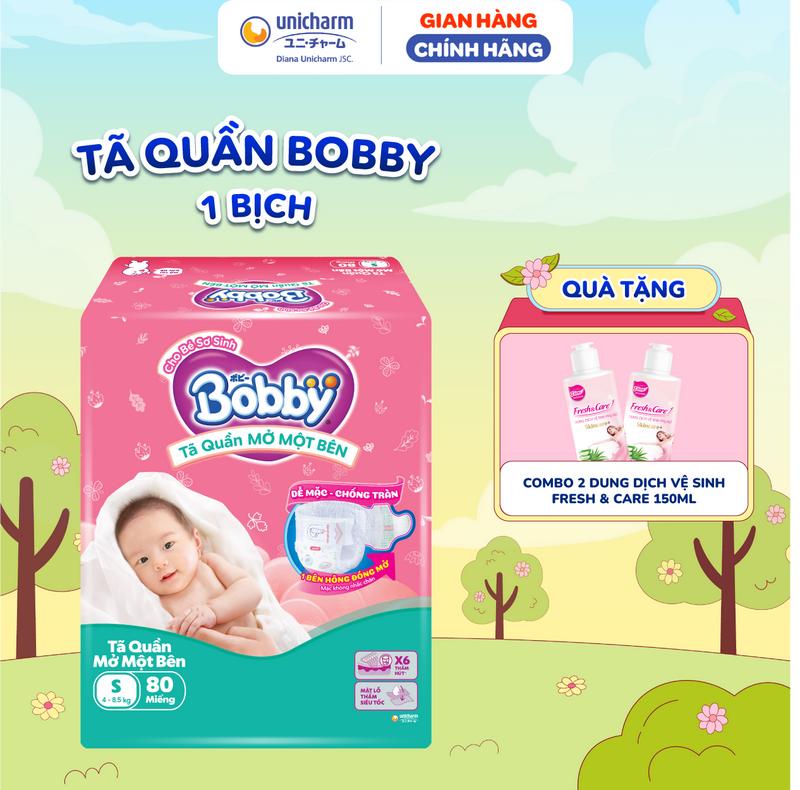 Tã/bỉm quần Mở Một Bên Bobby - Tiện Lợi, Dễ Mặc - Size NB 70+6/S 80/M 62 Miếng