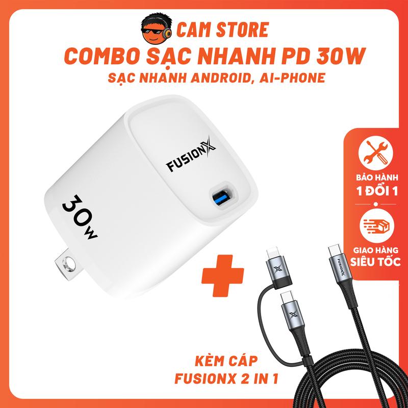 Combo Sạc Nhanh FUSIONX 30W - Kèm Cáp Sạc Nhanh 2in1 C-C 65W, C-L 30W, Công Nghệ Sạc GaN, Sạc Nhanh PD, PPS 30W Hàng Mới Chính Hãng| FUSIONX C03 2 IN 1