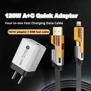120W Fast Charging Dual Port QC3.0 USB Type-C Charger with 4-in-1 Data Cable Set Charger Micro USB