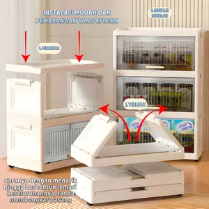 Lostars T340 (Tidak Perlu Instalasi) Rak Kabinet Susun Lipat/Rak Buku Serbaguna ada Roda/Lemari Plastik Lipat Susun