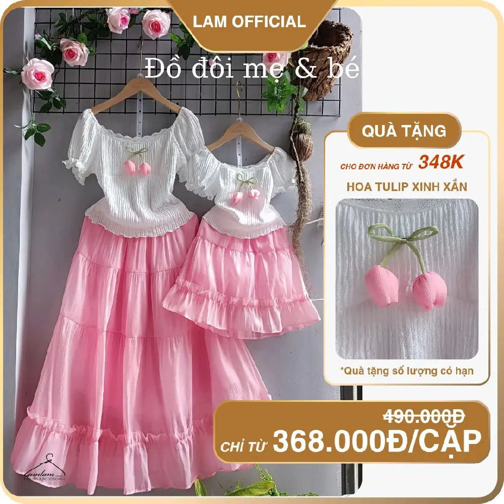 [LamOfficial] đồ đôi mẹ bé set áo thun viền ren tay bồng chân váy tơ 2 lớp hồng xinh cho mẹ bé